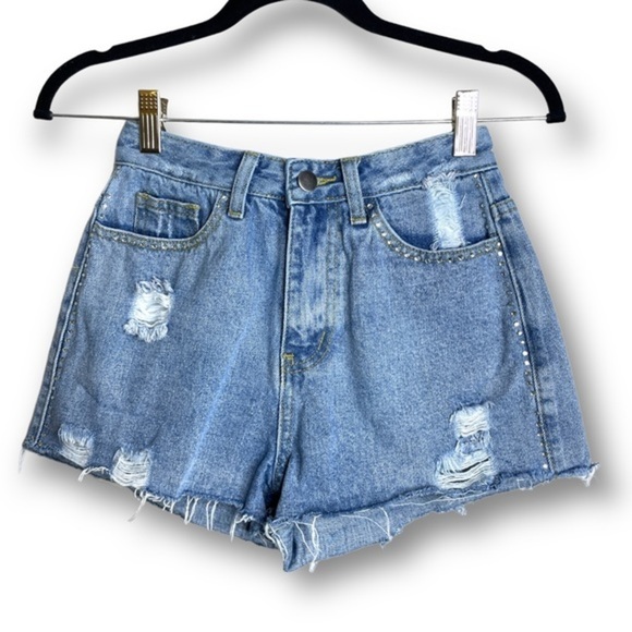 Superdown Revolve Size 23 Medium Wash Rhinestone Studded Distressed Denim Shorts - Picture 1 of 11